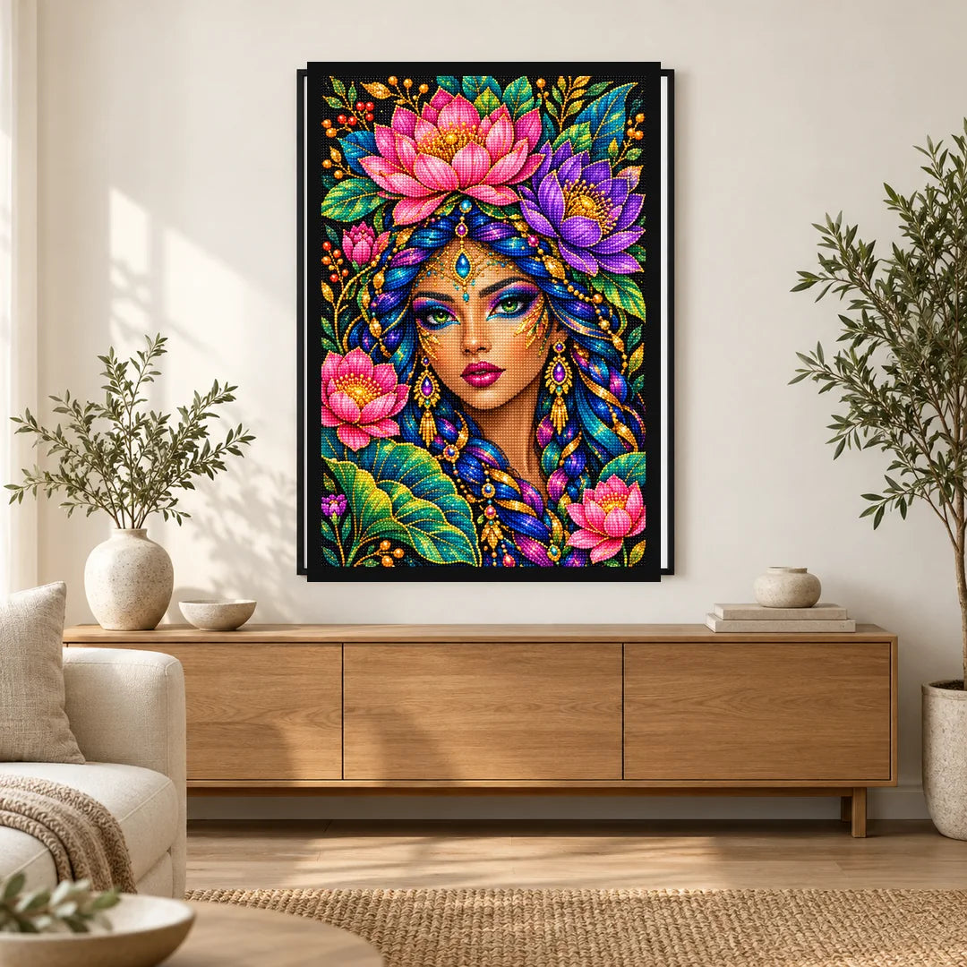 Jeweled Lotus Queen Diamond Painting Kit — Home decor scene
