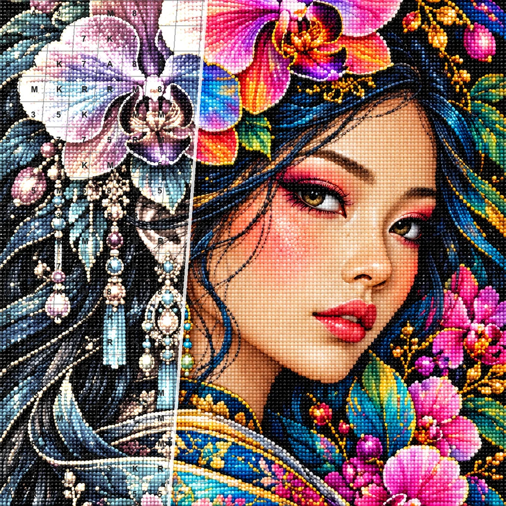 Jeweled Orchid Beauty Diamond Painting Kit — Diamond and canvas detail