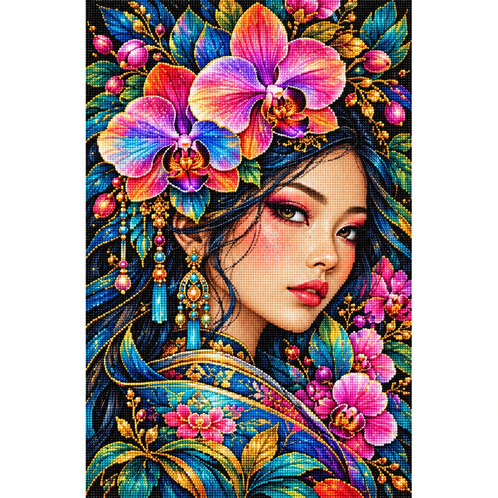 Jeweled Orchid Beauty Diamond Painting Kit — Finished white-background diamond painting