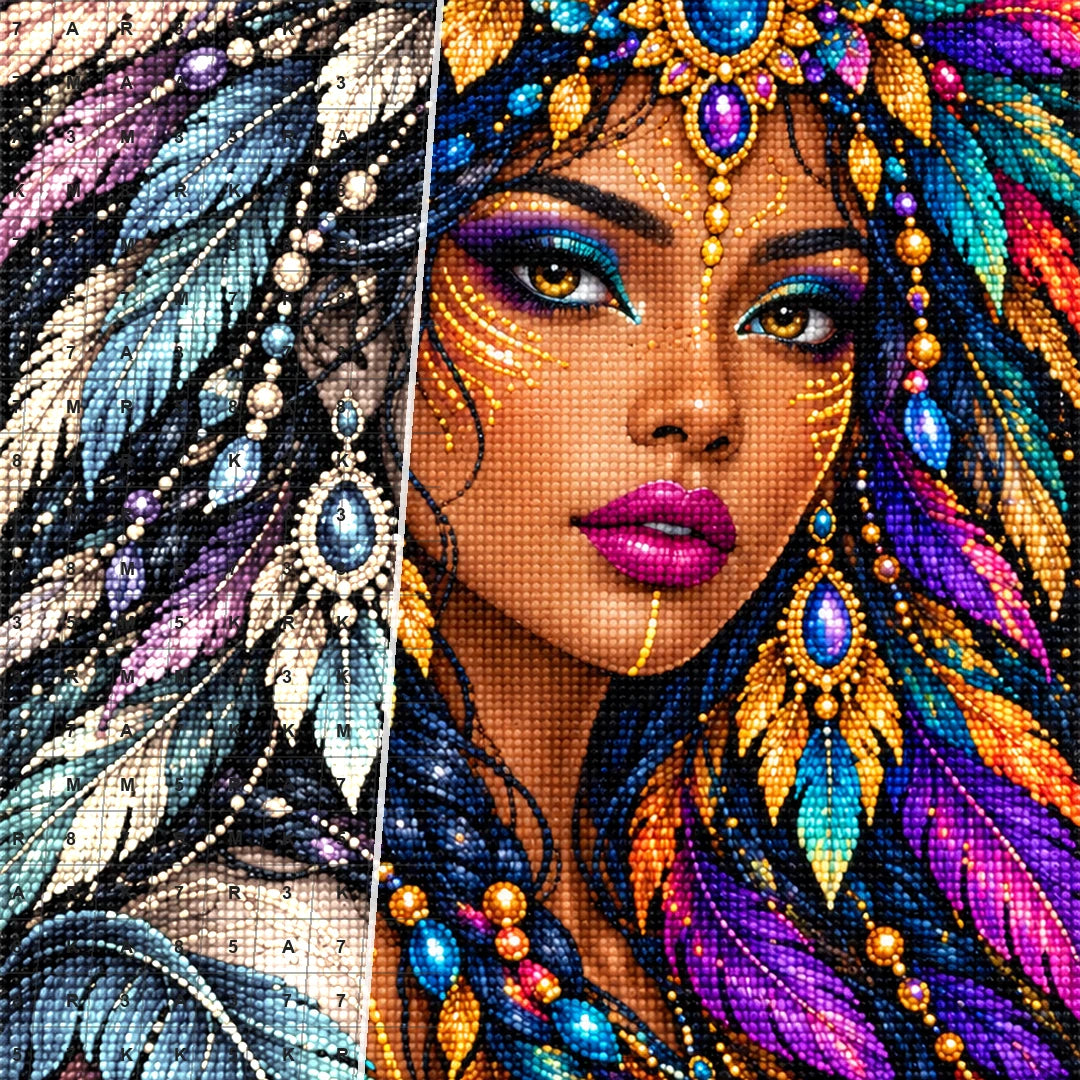 Jeweled Peacock Queen Diamond Painting Kit — Diamond and canvas detail