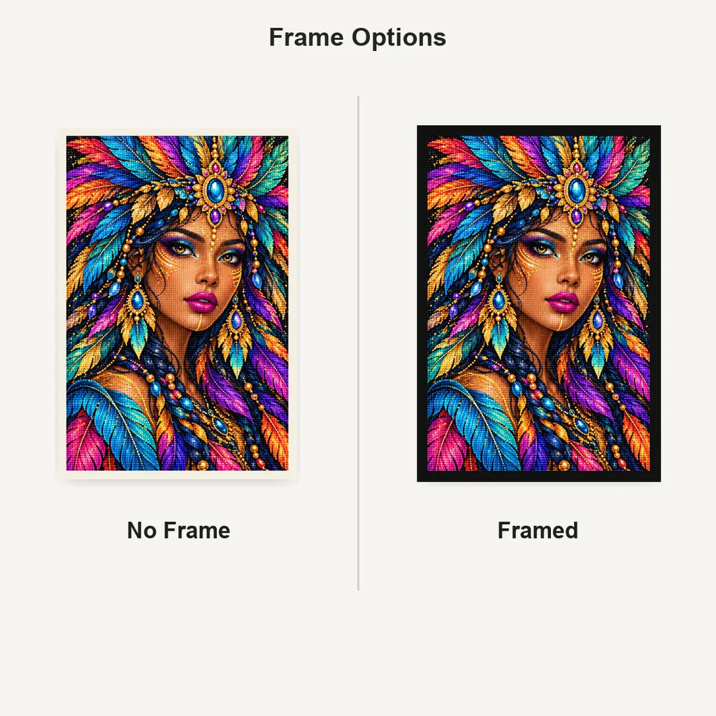 Jeweled Peacock Queen Diamond Painting Kit — No Frame and Framed comparison