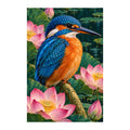 White-background original artwork of a blue-and-orange kingfisher among pink lotus blossoms