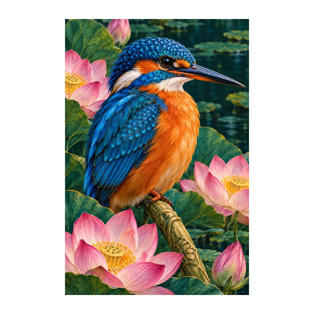 White-background original artwork of a blue-and-orange kingfisher among pink lotus blossoms