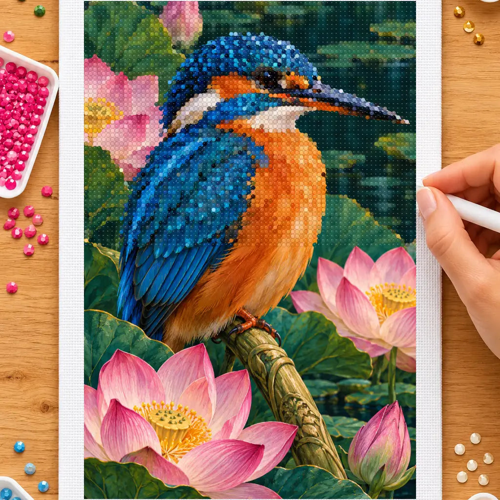 Diamond painting process showing a kingfisher and pink lotus design being completed with a stylus