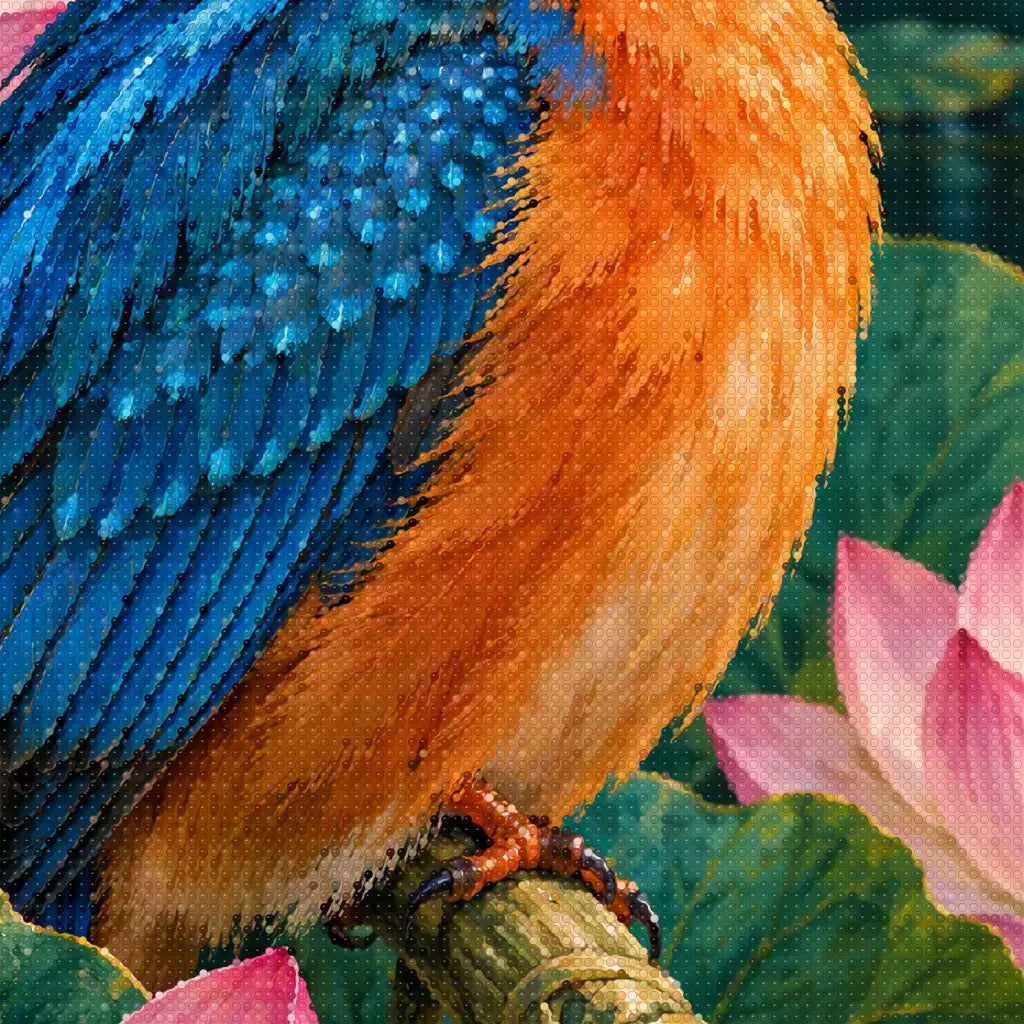 Close-up diamond drill detail of blue kingfisher feathers and pink lotus petals