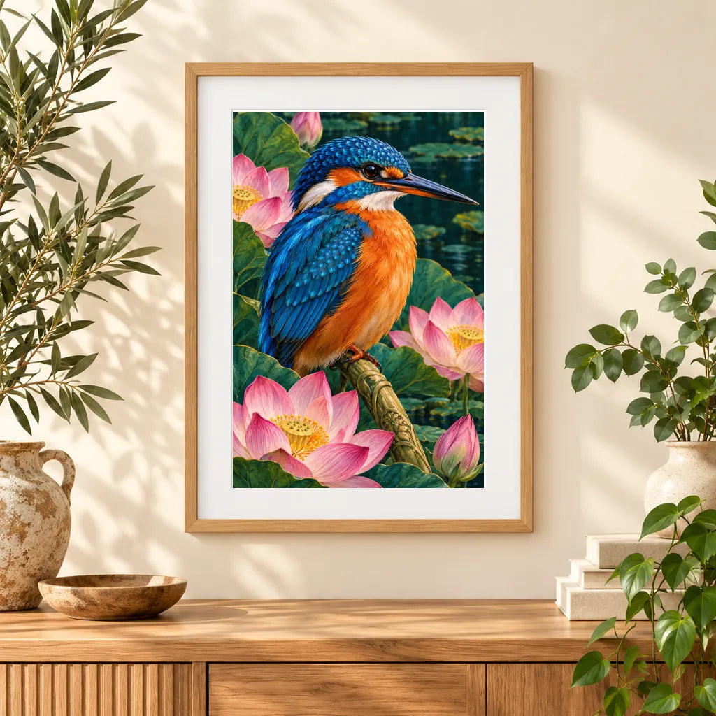 Framed kingfisher among pink lotus diamond painting displayed as home decor
