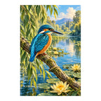 Original artwork of a kingfisher perched by a willow-lined river