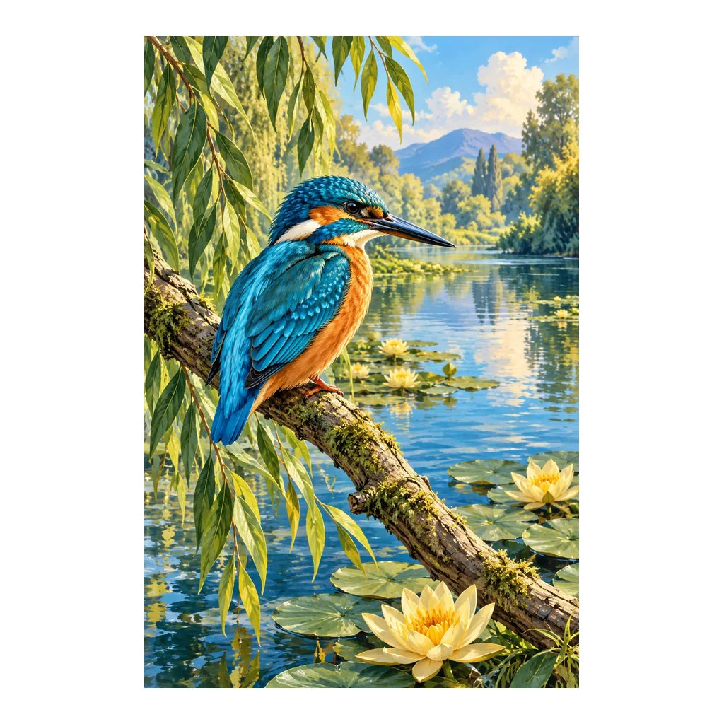 Original artwork of a kingfisher perched by a willow-lined river