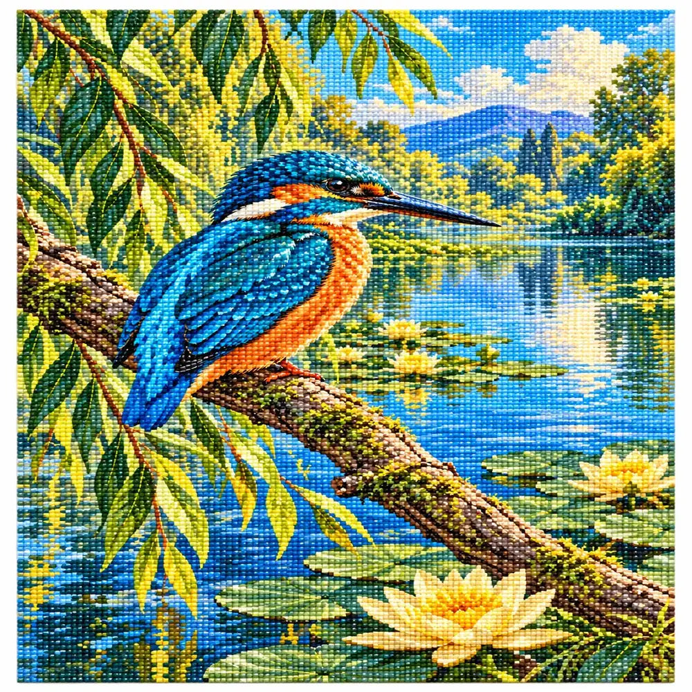 Finished kingfisher by a willow river diamond painting on a white background