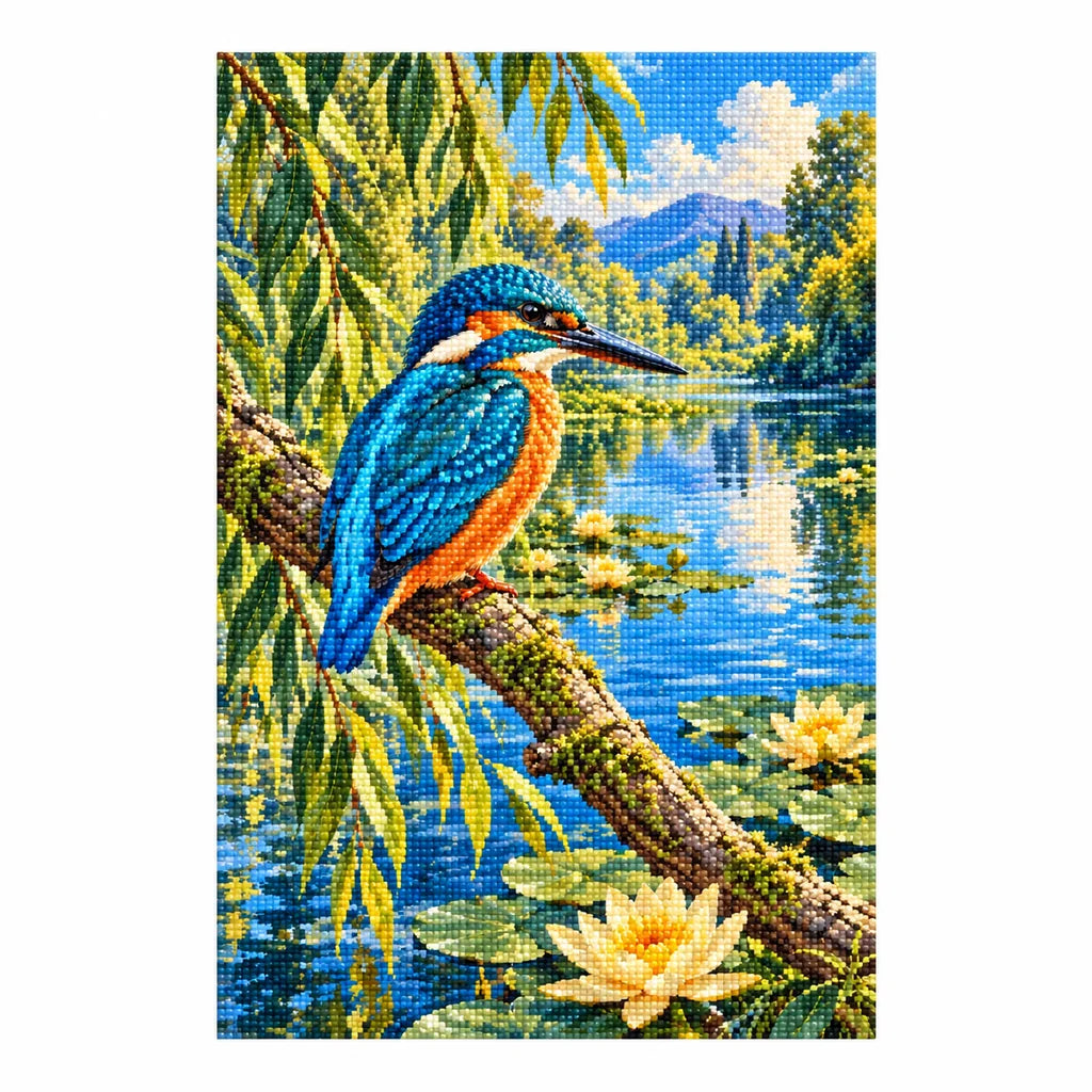 Finished kingfisher by a willow river diamond painting on a white background