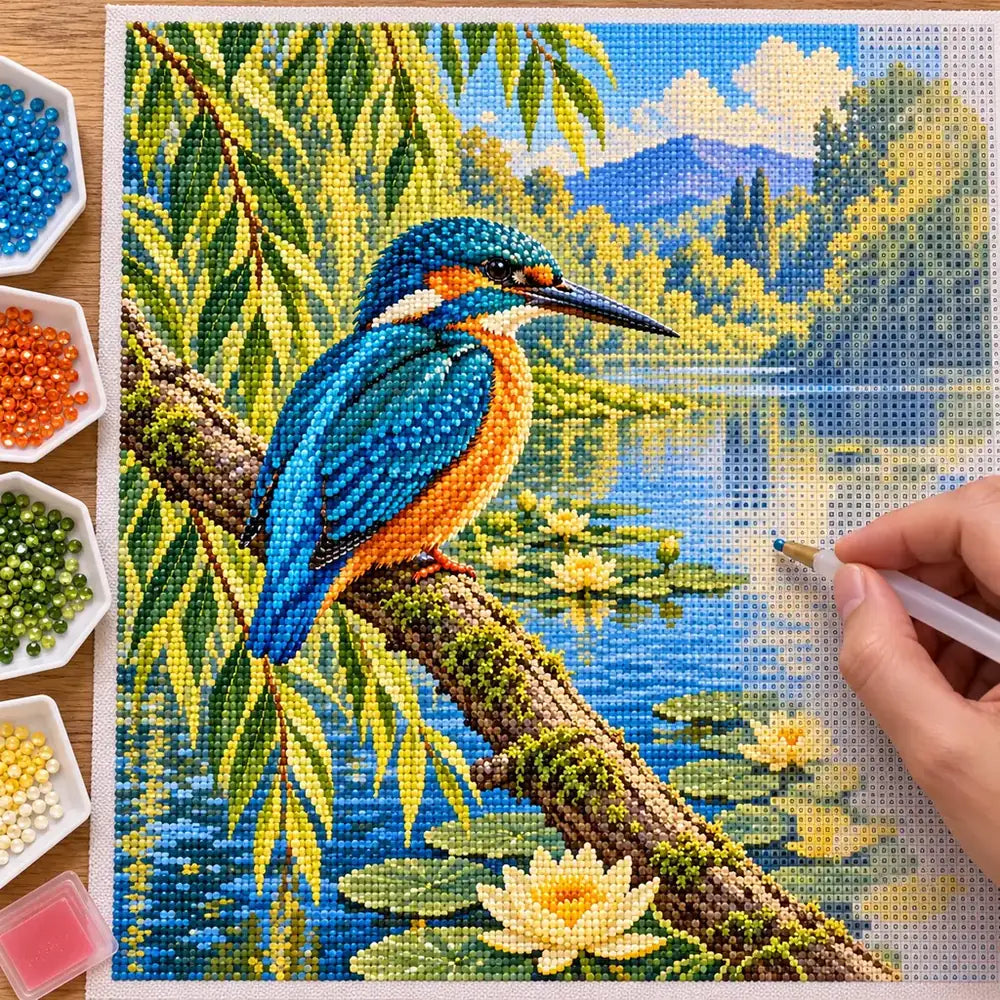 DIY process for a kingfisher river willow diamond painting kit