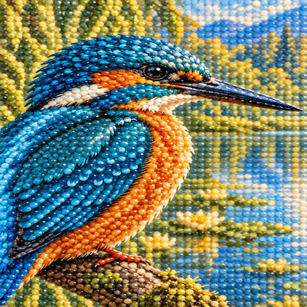 Close-up diamond drill detail of a kingfisher by a river