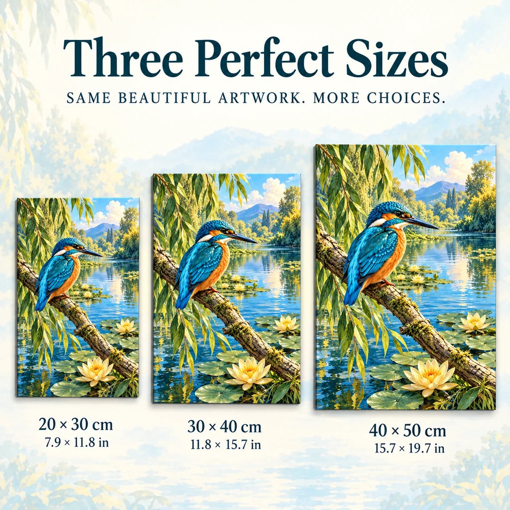 Three size options for the kingfisher river willow diamond painting