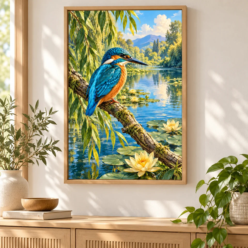 Framed kingfisher river willow diamond painting displayed in a living room