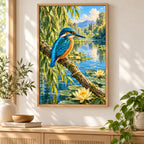 Framed kingfisher river willow diamond painting displayed in a living room