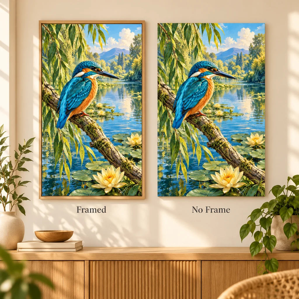Framed and no-frame comparison for the kingfisher river willow artwork