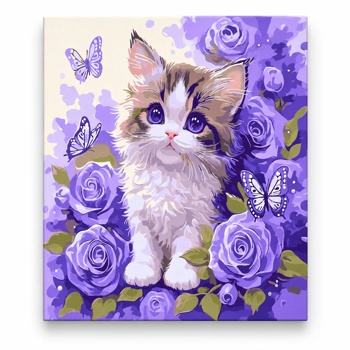 Kitten among Purple Roses and Butterflies paint by numbers artwork on a front-facing canvas against a white background