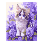 Kitten among Purple Roses and Butterflies completed artwork on a clean white background