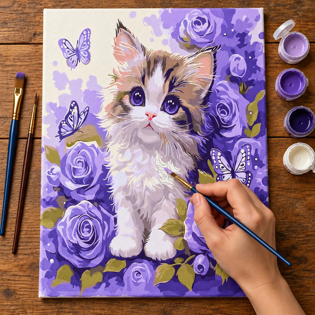 Complete Kitten among Purple Roses and Butterflies numbered canvas being painted with acrylic paints and brushes