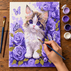 Complete Kitten among Purple Roses and Butterflies numbered canvas being painted with acrylic paints and brushes