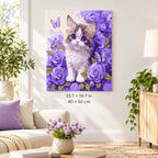 Kitten among Purple Roses and Butterflies shown in a styled room with 15.7 × 19.7 in and 40 × 50 cm dimensions