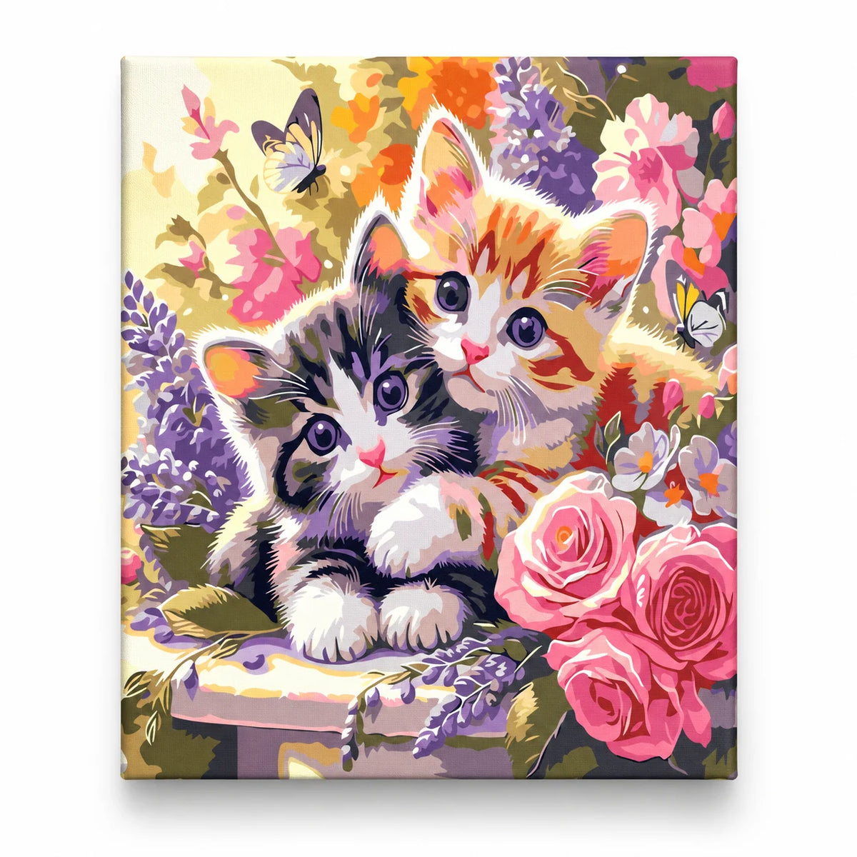 Kittens in Spring Flowers and Butterflies paint by numbers artwork on a front-facing canvas against a white background