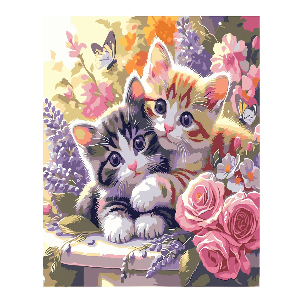 Kittens in Spring Flowers and Butterflies completed artwork on a clean white background