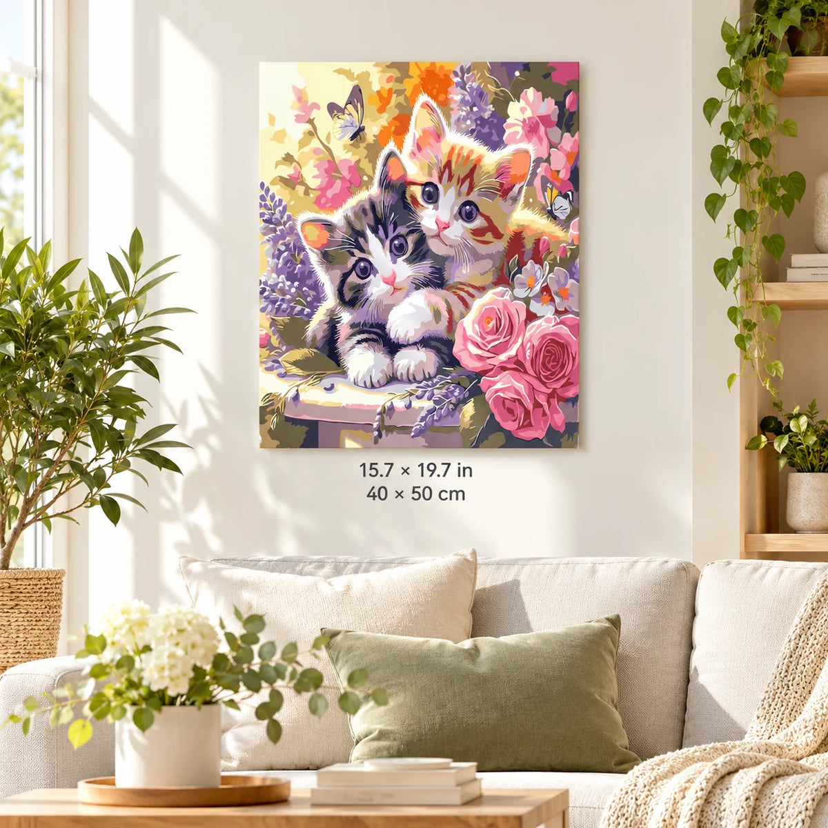 Kittens in Spring Flowers and Butterflies shown in a styled room with 15.7 × 19.7 in and 40 × 50 cm dimensions