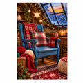 Original illustration of a plaid armchair, yarn baskets, and a decorated tree in a cozy knitting studio, on a white background