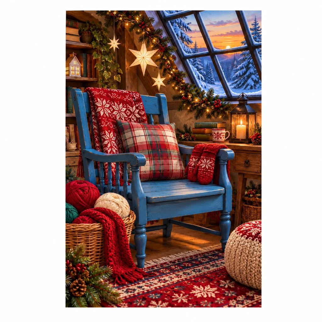 Original illustration of a plaid armchair, yarn baskets, and a decorated tree in a cozy knitting studio, on a white background