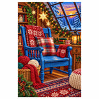 Finished diamond painting of a cozy Christmas knitting studio with plaid chairs and yarn