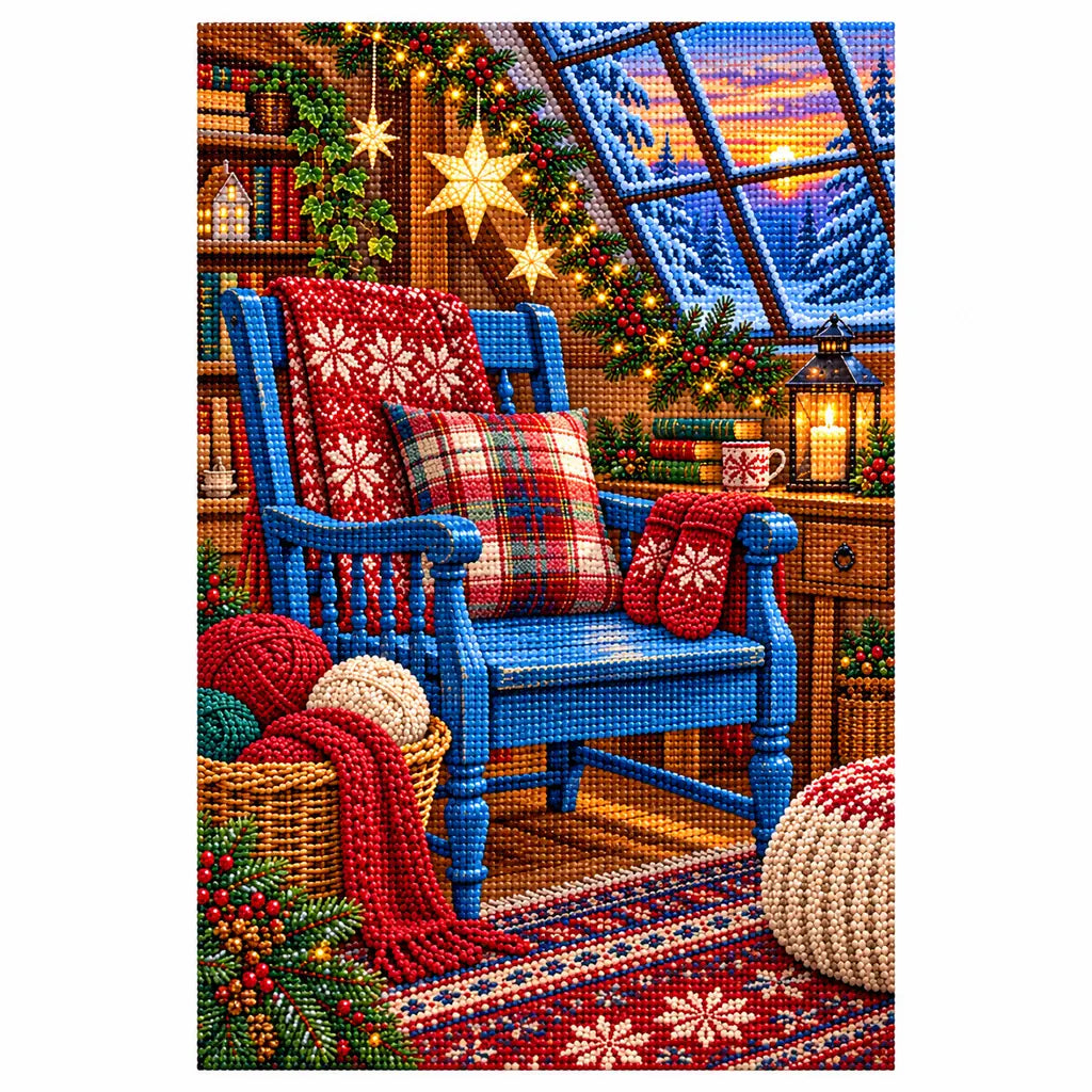 Finished diamond painting of a cozy Christmas knitting studio with plaid chairs and yarn