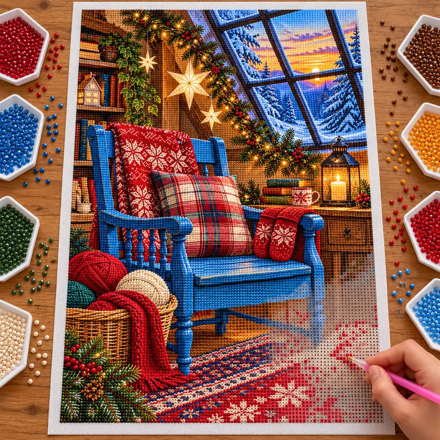 Hand placing diamond drills on the plaid chair and Christmas knitting studio canvas