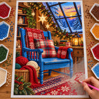 Hand placing diamond drills on the plaid chair and Christmas knitting studio canvas
