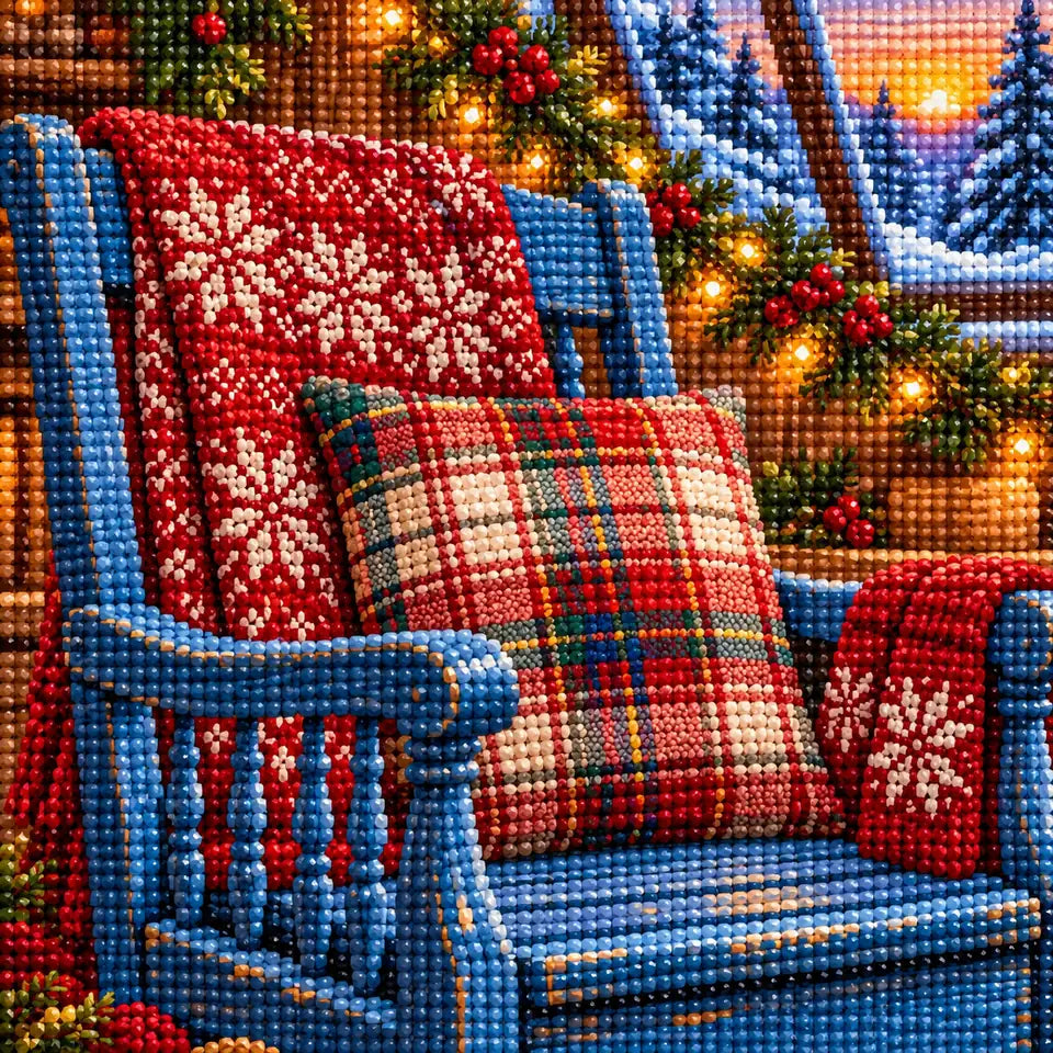 Close-up of diamond drills forming the plaid chair, yarn, and festive garland