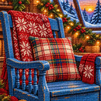 Close-up of diamond drills forming the plaid chair, yarn, and festive garland