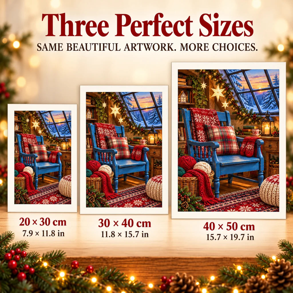 Portrait size guide for the Christmas knitting studio design: 20 × 30, 30 × 40, and 40 × 50 cm