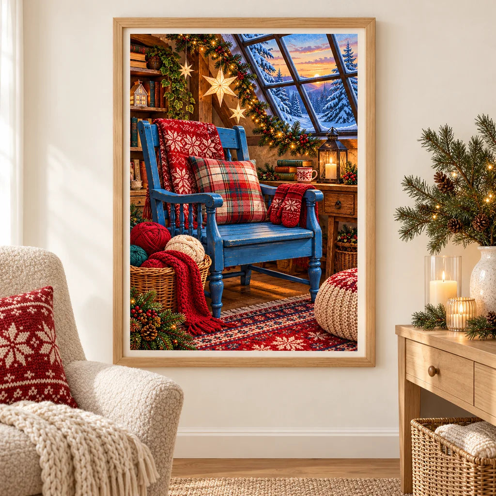 Framed Christmas knitting studio diamond painting displayed in a cozy living room