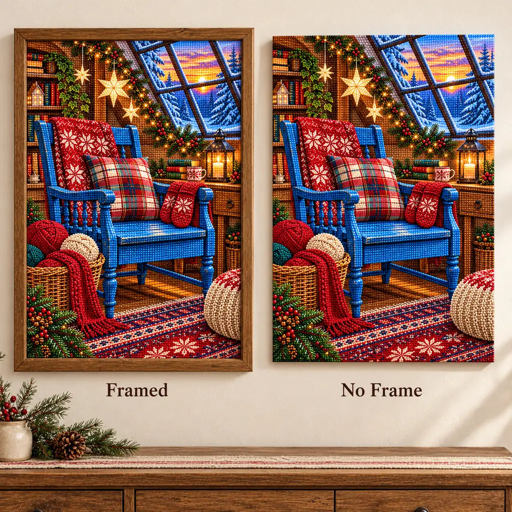 Framed and no-frame comparison for the Christmas knitting studio diamond painting