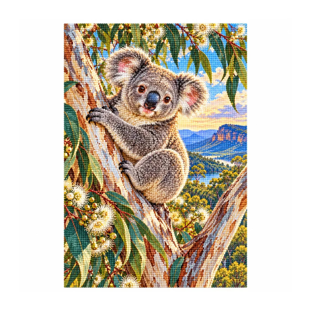 White-background finished diamond painting of Koala Eucalyptus.