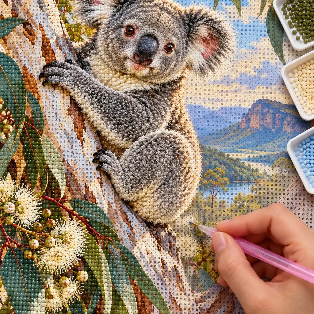 Hands placing diamond drills on the Koala Eucalyptus design.