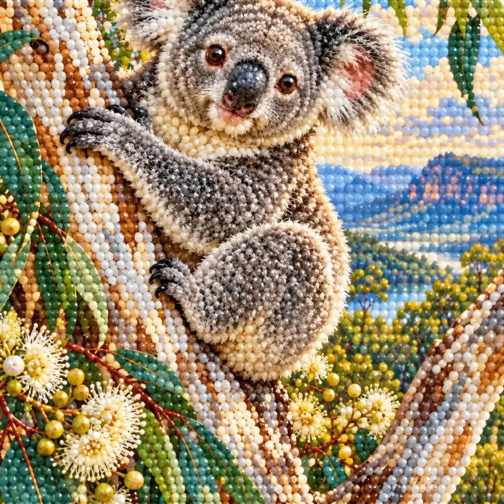 Close-up of drill details in the Koala Eucalyptus diamond painting.