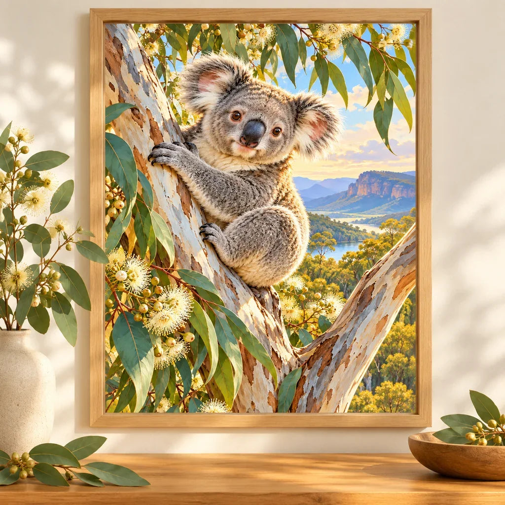 Framed Koala Eucalyptus diamond painting displayed as home decor.