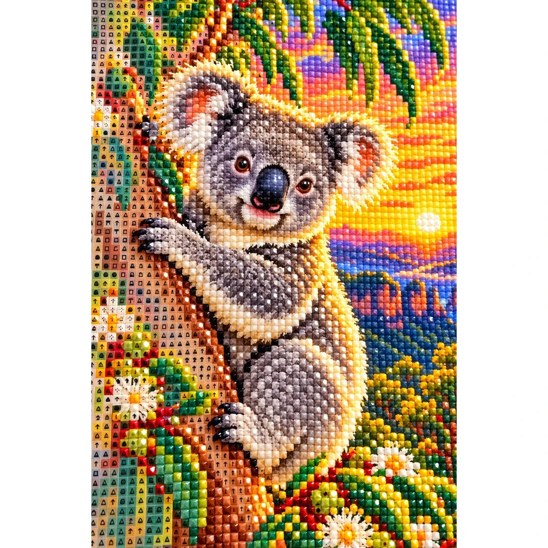 Koala Eucalyptus Sunrise Diamond Painting Kit — canvas and drill material detail