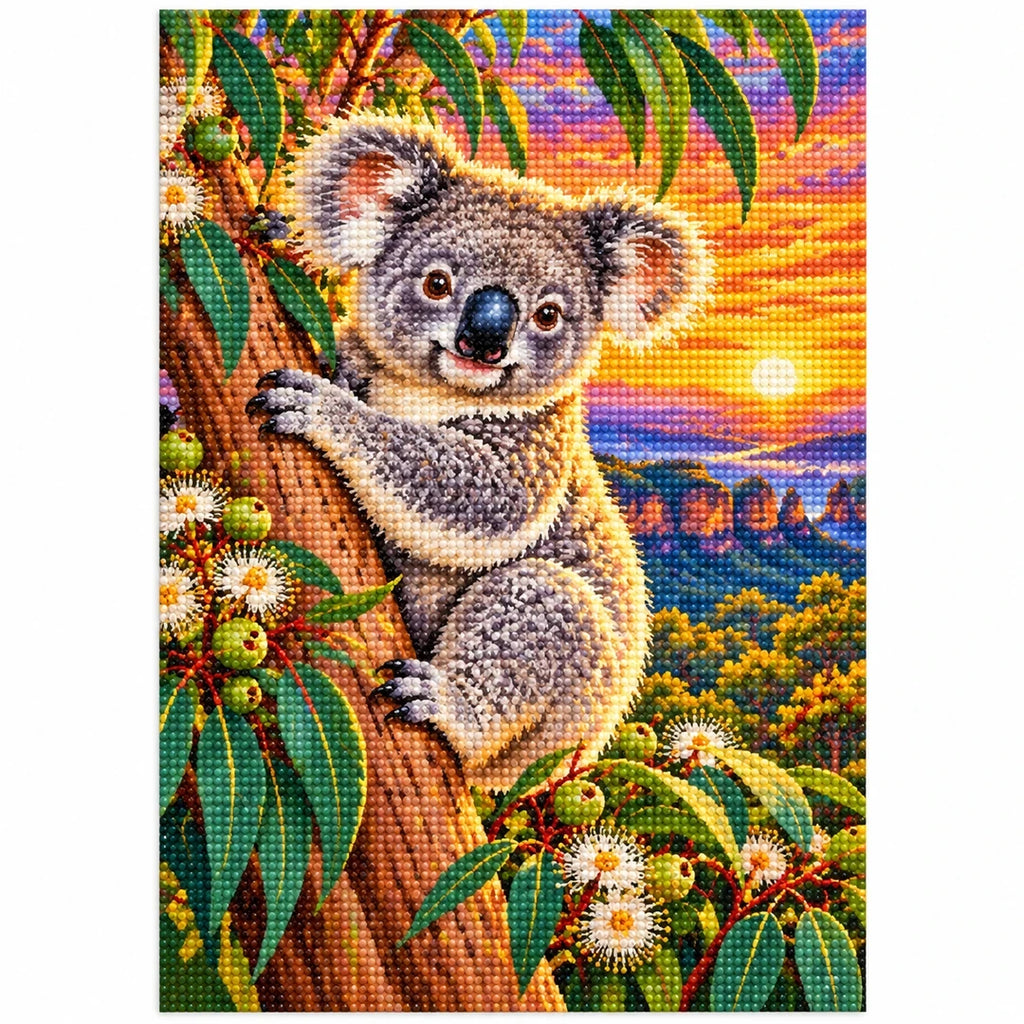 Koala Eucalyptus Sunrise Diamond Painting Kit — finished diamond painting on white background