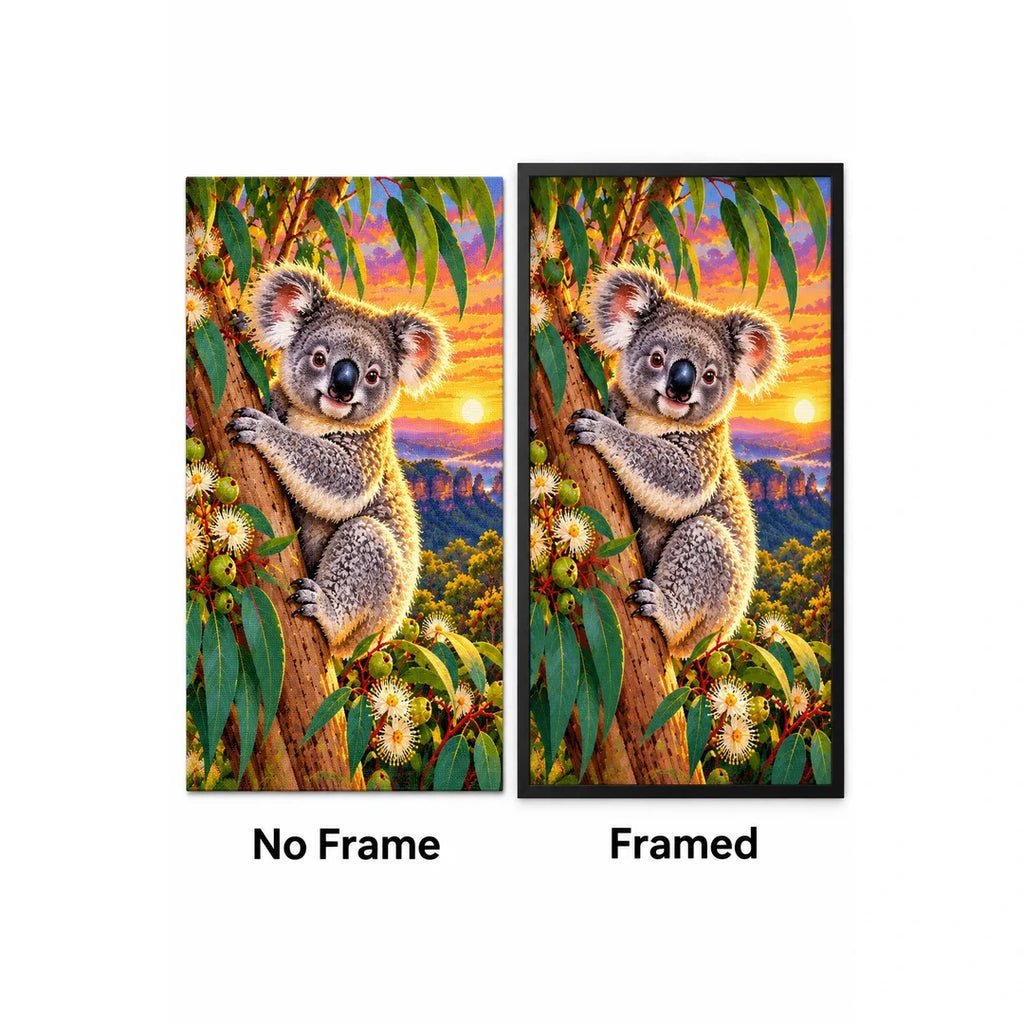 Koala Eucalyptus Sunrise Diamond Painting Kit — No Frame and Framed style comparison
