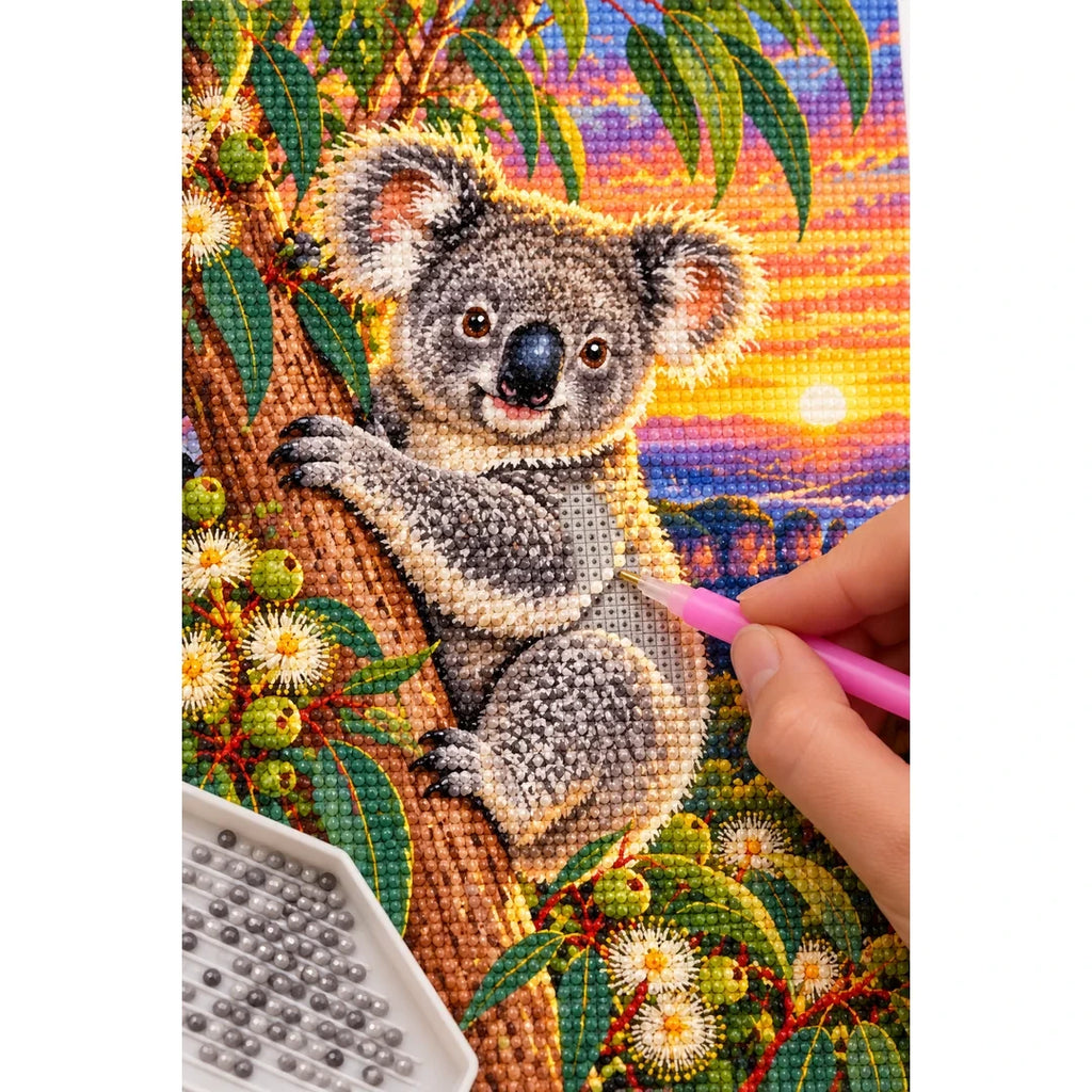 Koala Eucalyptus Sunrise Diamond Painting Kit — diamond painting application process