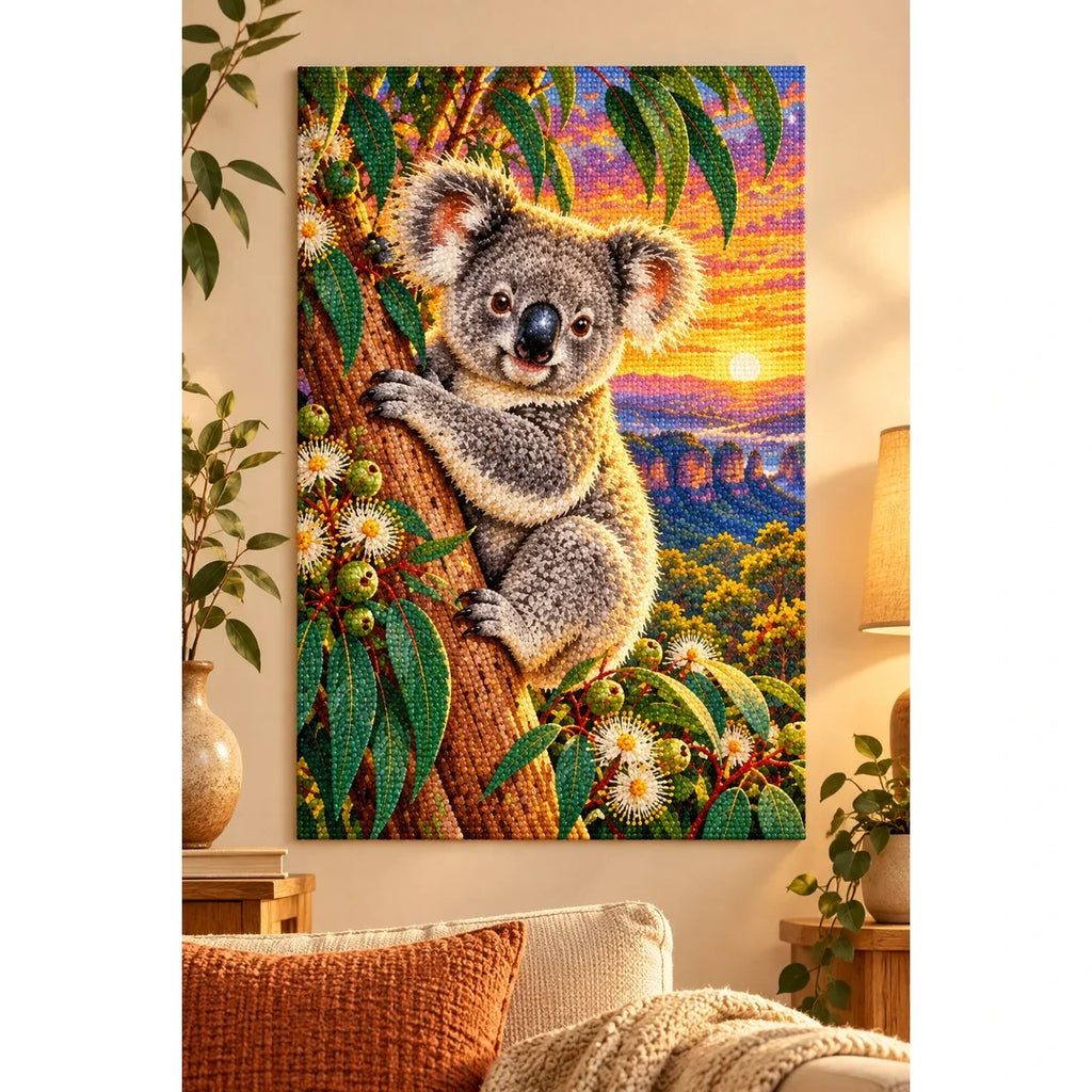 Koala Eucalyptus Sunrise Diamond Painting Kit — finished diamond painting in a home setting