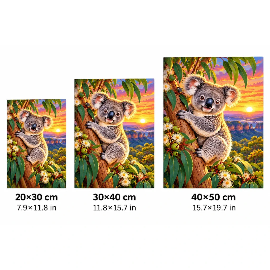Koala Eucalyptus Sunrise Diamond Painting Kit — 20 by 30, 30 by 40, and 40 by 50 centimeter size guide