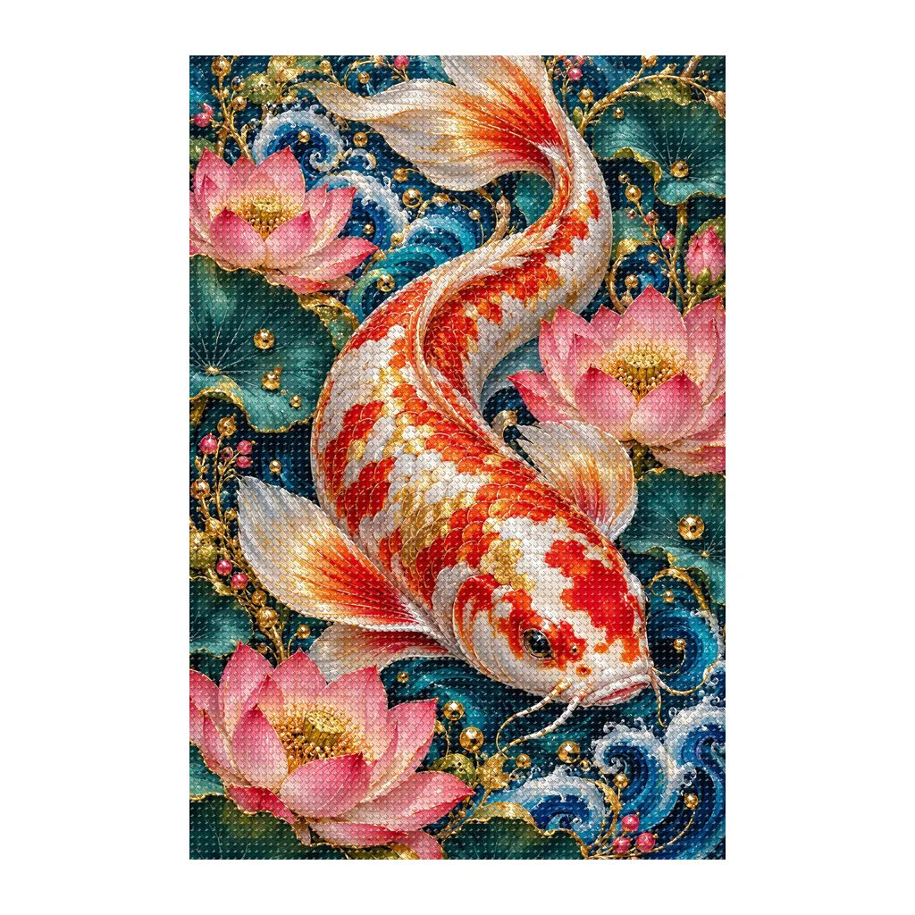 Finished white-background diamond painting of Koi Lotus Ornament Frame